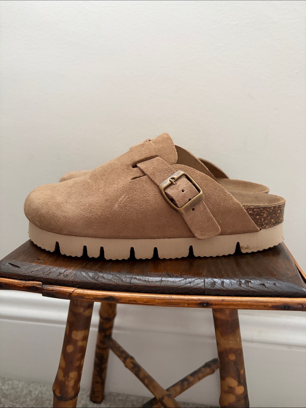 Suede Buckle Clog Mule in Tan